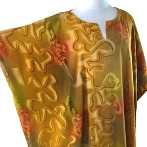 Sita Kaftan One Size Gold Orange Floral Silky Maxi Pullover